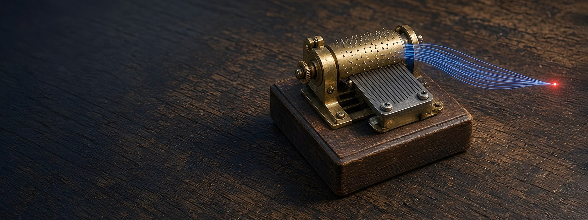 Open brass music box with a pinned cylinder and steel comb on a wooden base: You Go Media AI marketing automation