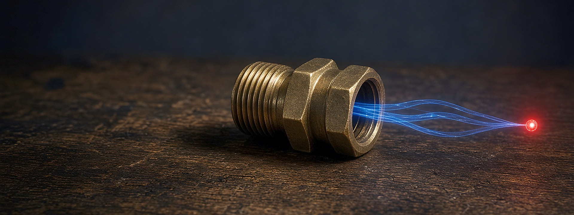 Two brass pipe fittings threaded tightly together, blue light running out of the open coupling: You Go Media API integrations