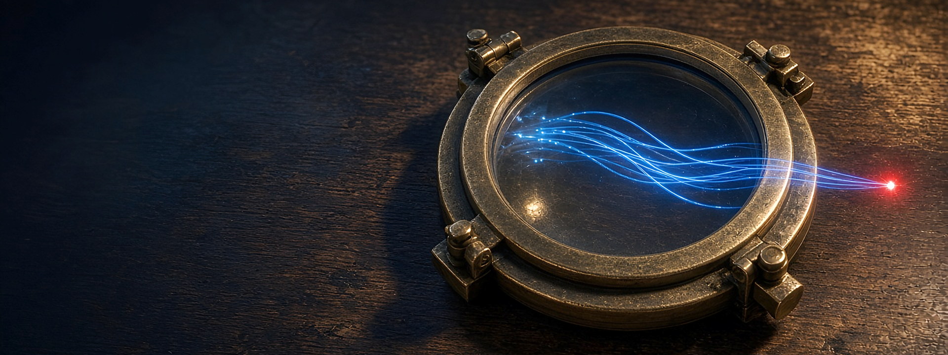 Round brass porthole with clamp bolts, blue light threading through its thick glass: You Go Media B2B web portals