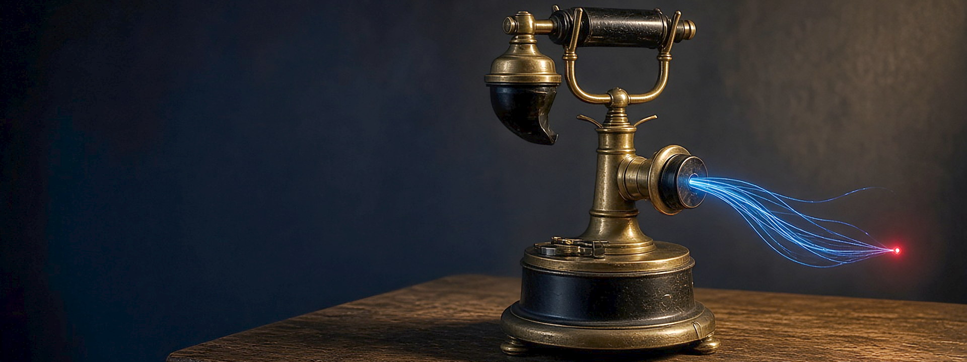 Antique brass candlestick telephone on a dark wooden table, with glowing blue lines leading away: You Go Media Contact