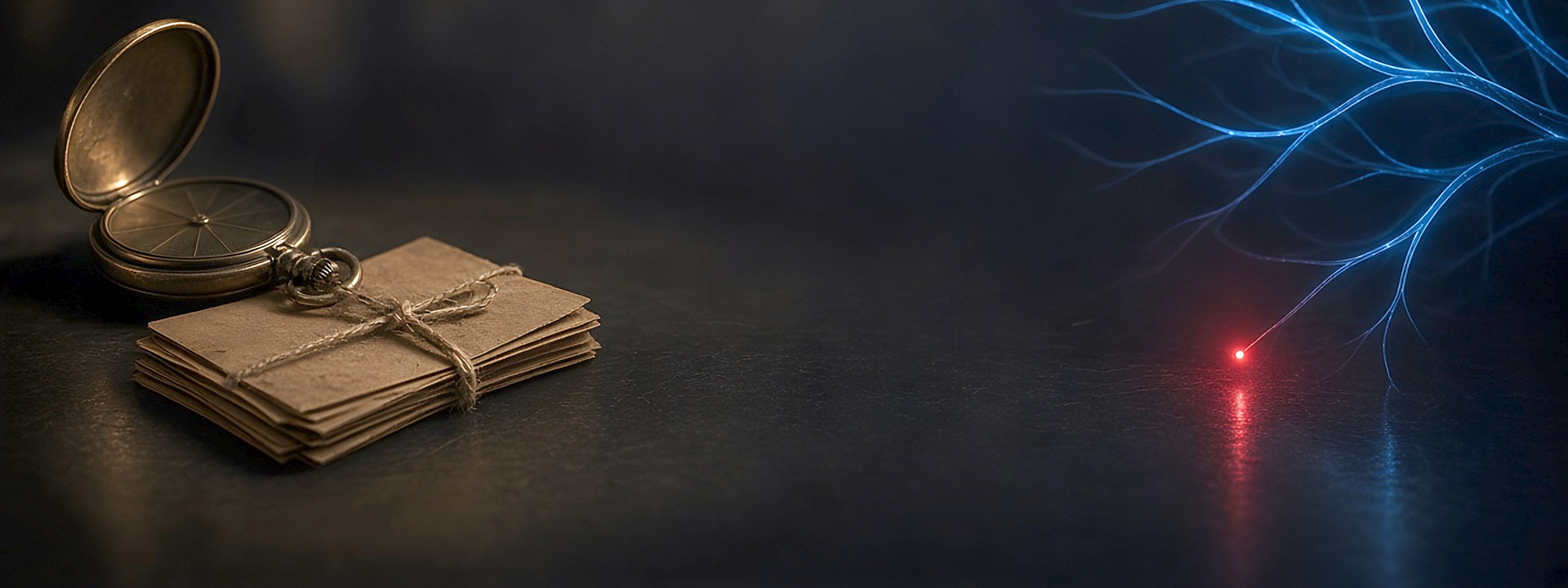 Brass pocket watch and twine-tied index cards in warm lamplight, with branching blue light paths narrowing to one red point: You Go Media crawl-budget diagnostic