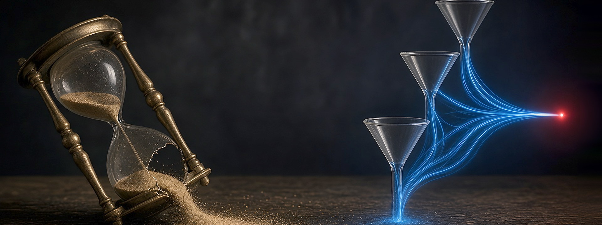 Three glass funnels merging blue light streams into one line, a brass hourglass at left: You Go Media Google Ads management