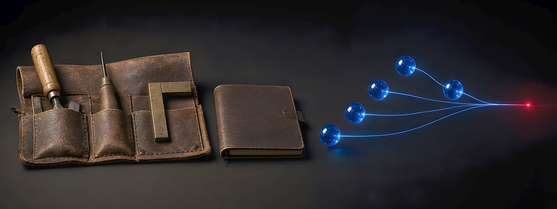 Five blue glass spheres whose light threads gather into one, a leather tool roll at left: You Go Media Services