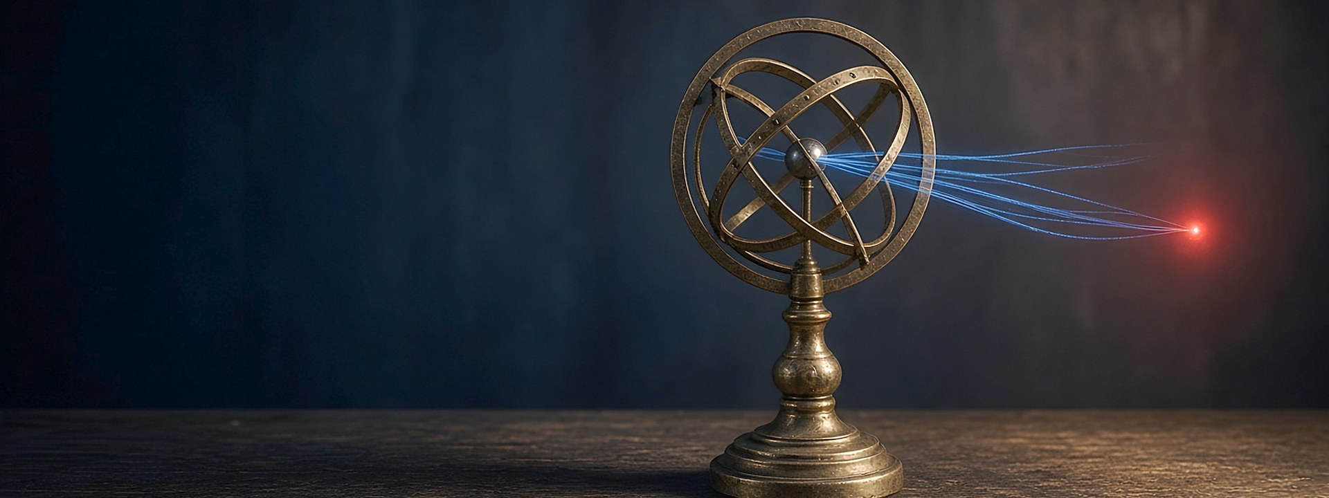 Antique brass armillary sphere on a turned stand, a fan of blue light leaving its core: You Go Media SGE and AI search optimization