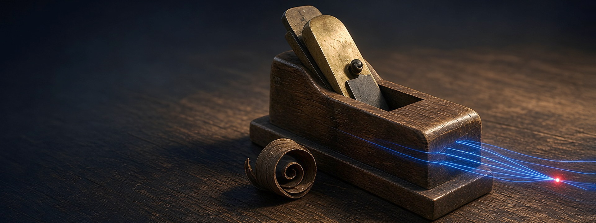 Antique wooden block plane with a brass cap beside a curled wood shaving: You Go Media WordPress development