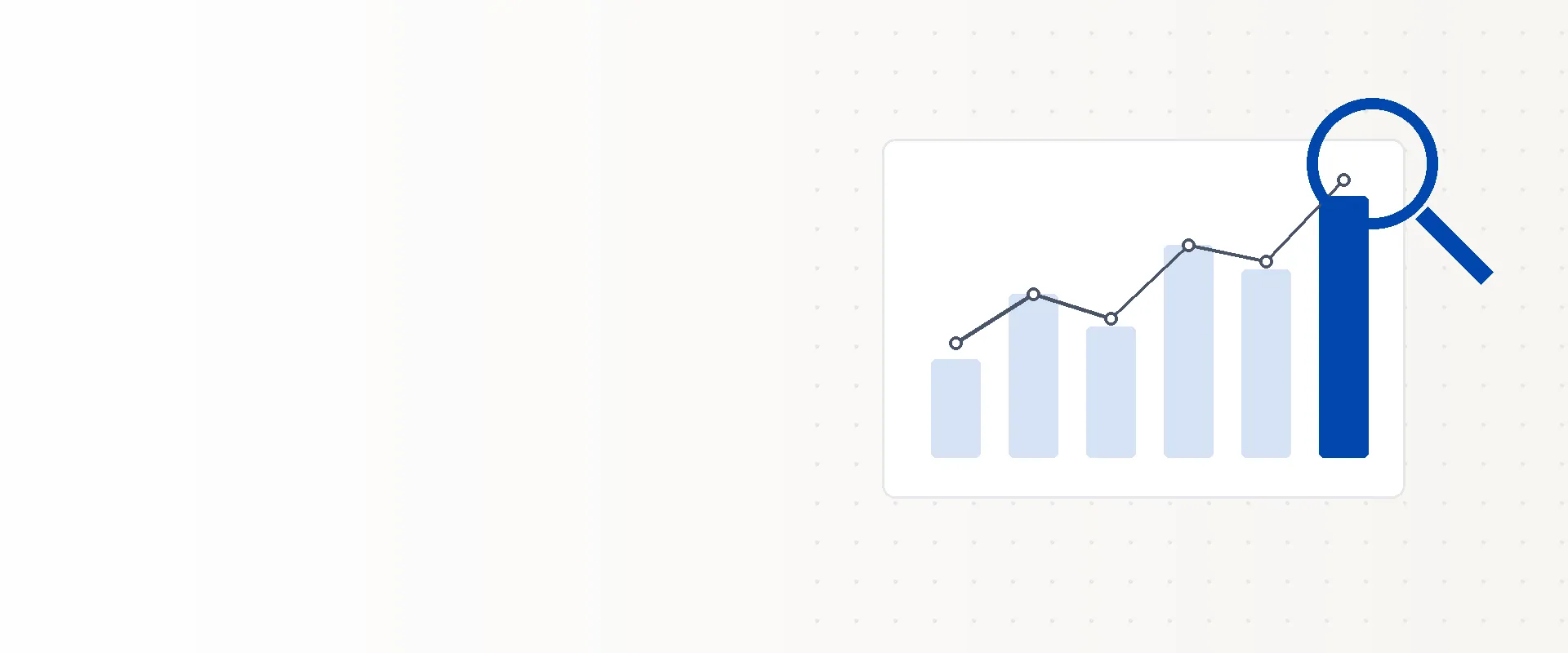 Abstract analytics card with blue bar chart, trend line and a magnifying glass
